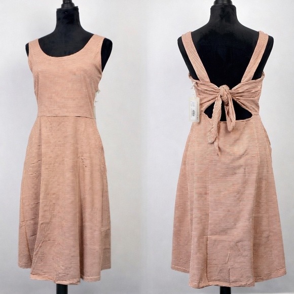 Pact Dresses & Skirts - Pact Striped Tie Back Cutout Sundress Midi Dress L Rust Tan Coastal Vacation